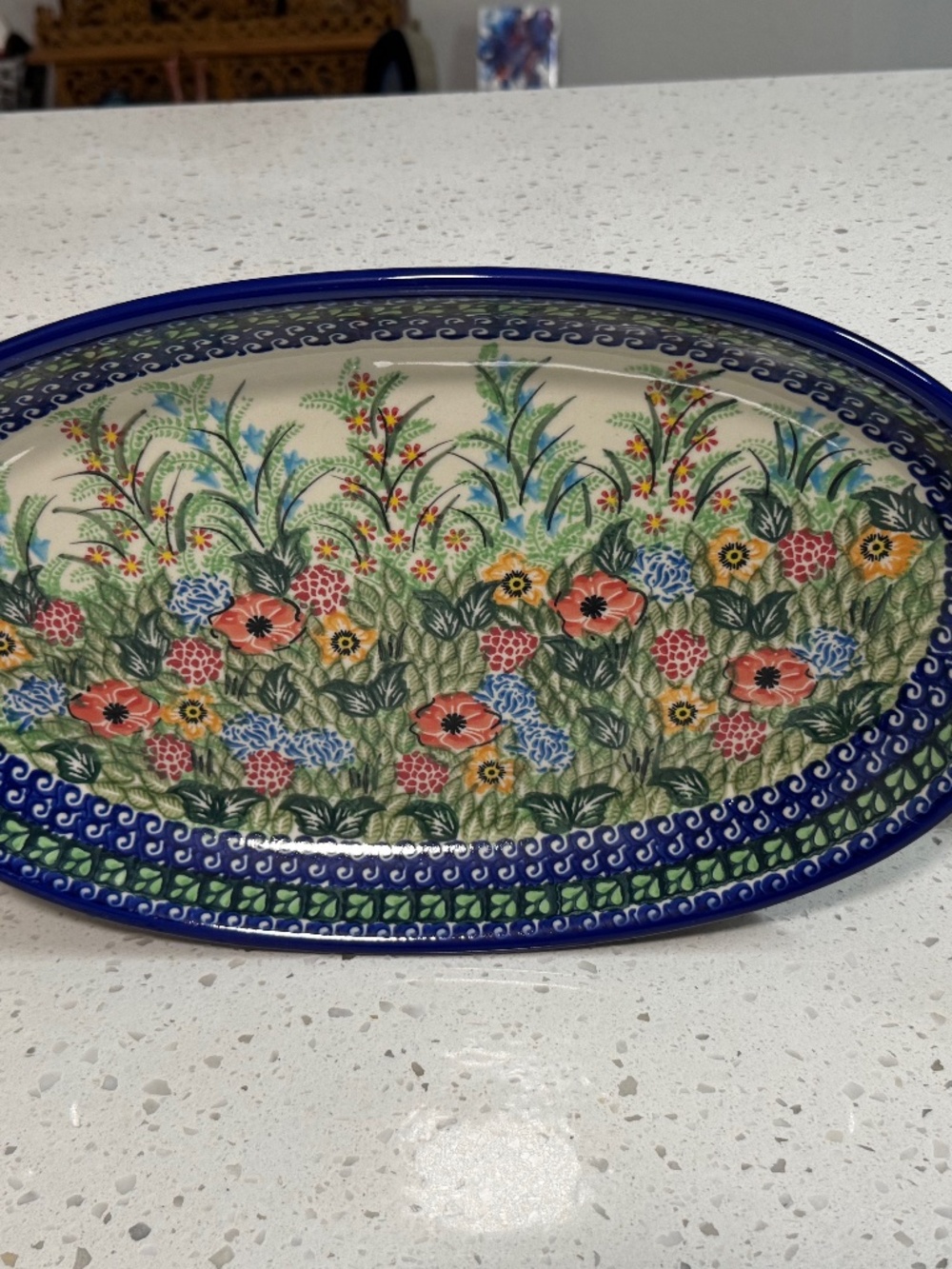 Rare Large Polish Pottery Floral Garden Platter